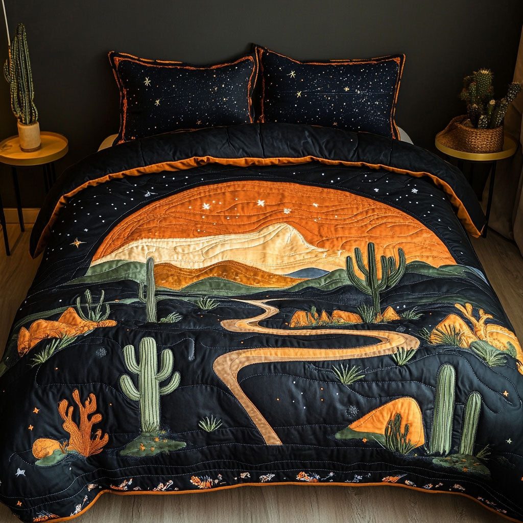 Midnight Desert Path quilted 3-piece bedding set on a made bed with two matching pillow shams