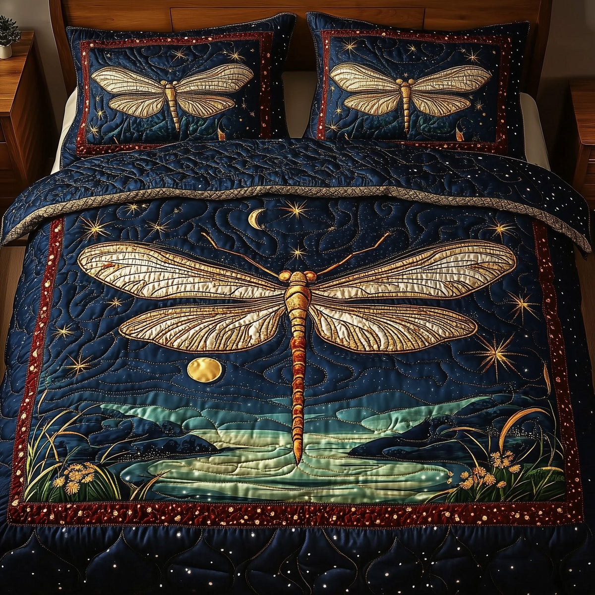 Midnight Dragonfly quilted 3-piece bedding set on a made bed with two matching pillow shams