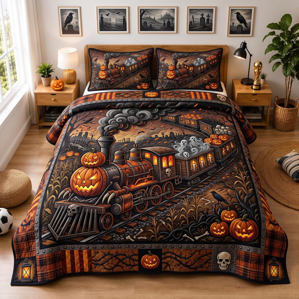 Midnight Express quilted 3-piece bedding set on a made bed with two matching pillow shams