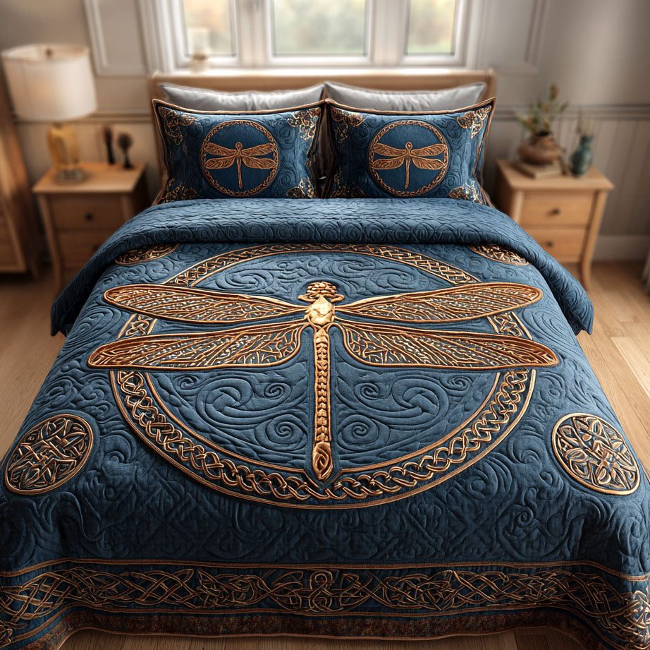 Midnight Flight quilted 3-piece bedding set on a made bed with two matching pillow shams