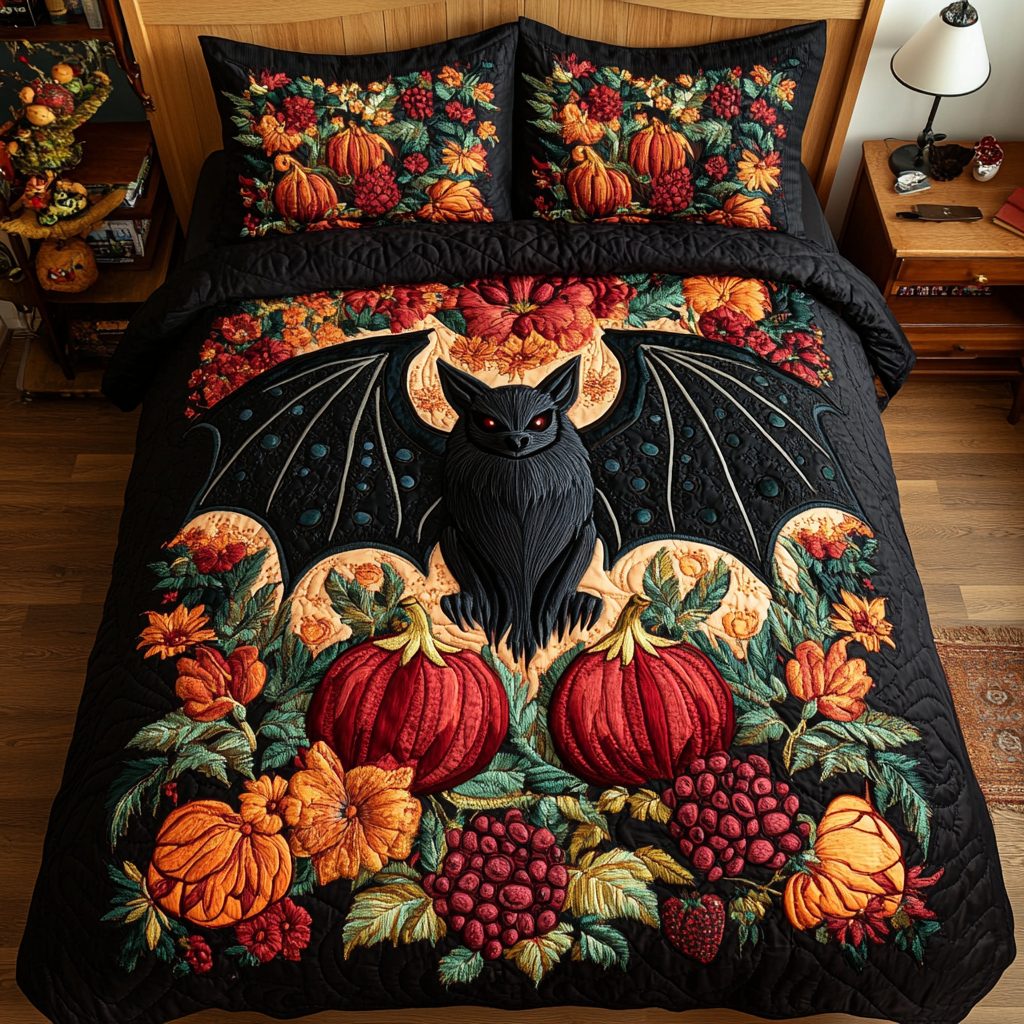 Midnight Flight quilted 3-piece bedding set on a made bed with two matching pillow shams