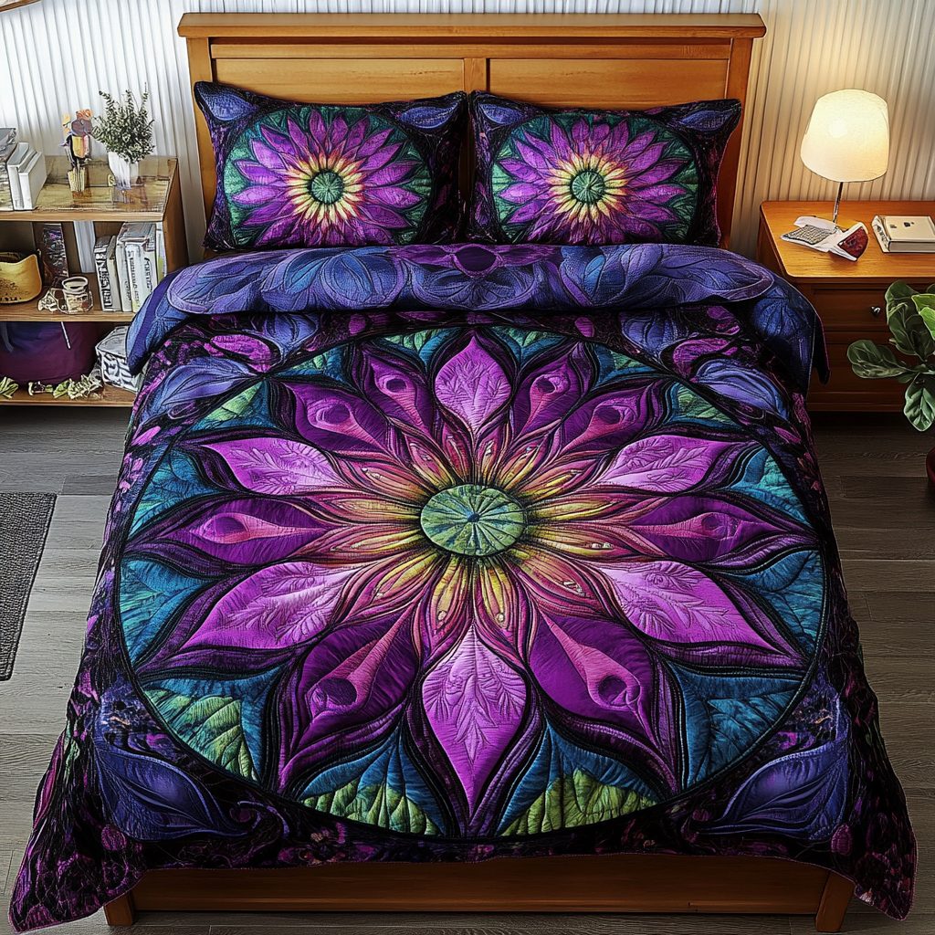 Midnight Floral Dream quilted 3-piece bedding set on a made bed with two matching pillow shams