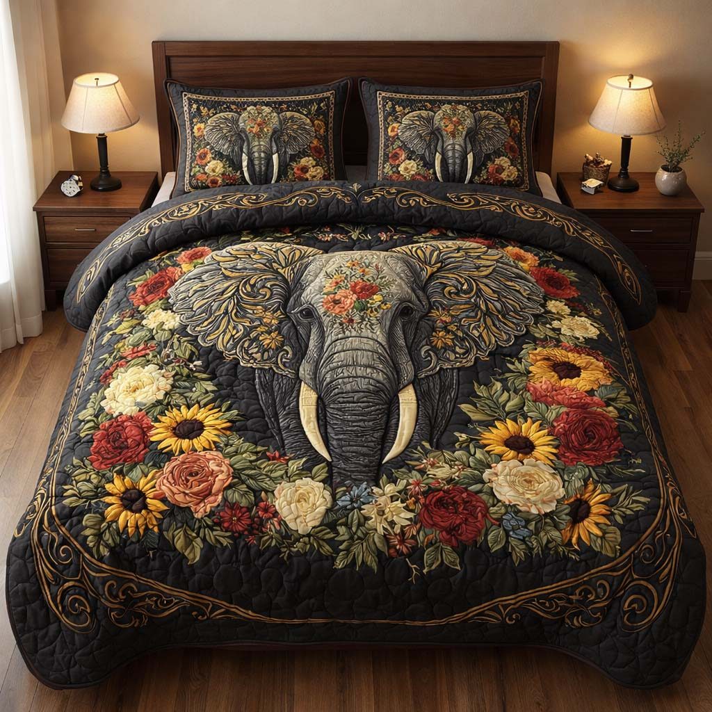 Midnight Floral Elephant quilted 3-piece bedding set on a made bed with two matching pillow shams