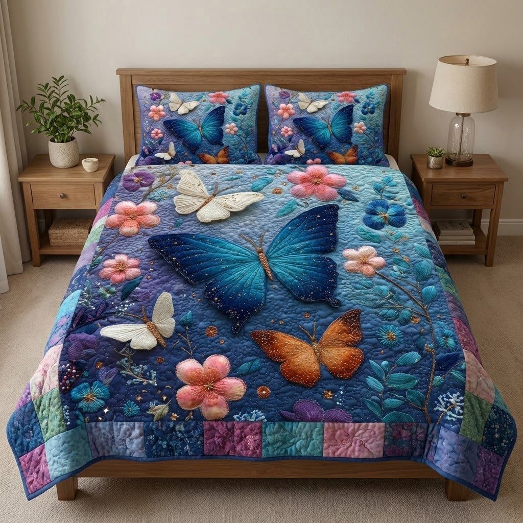 Midnight Flutter quilted 3-piece bedding set on a made bed with two matching pillow shams
