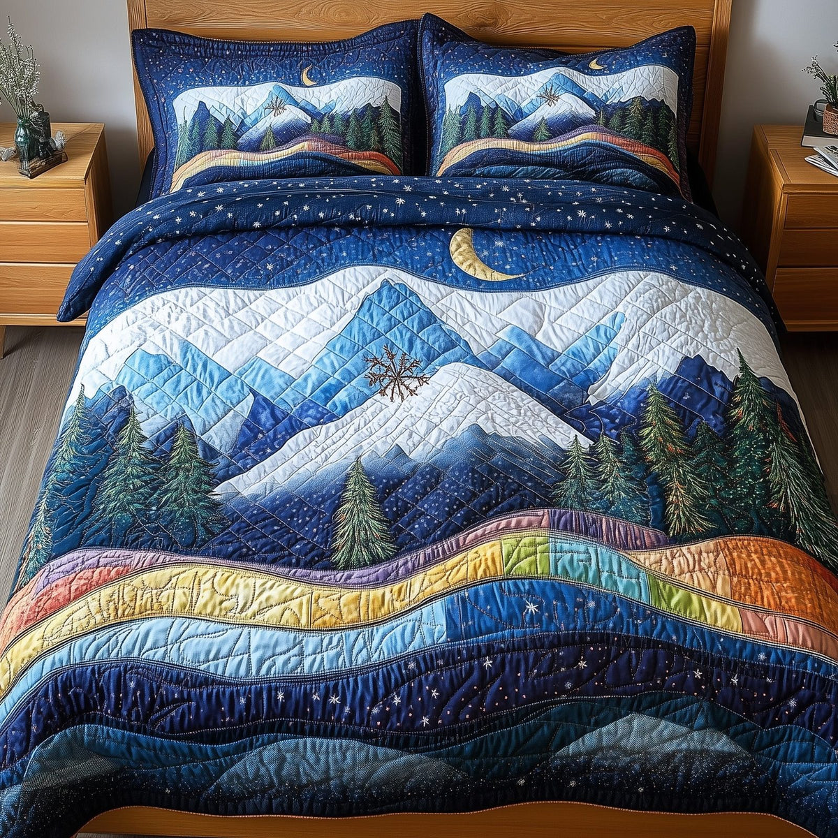 Midnight Forest quilted 3-piece bedding set on a made bed with two matching pillow shams