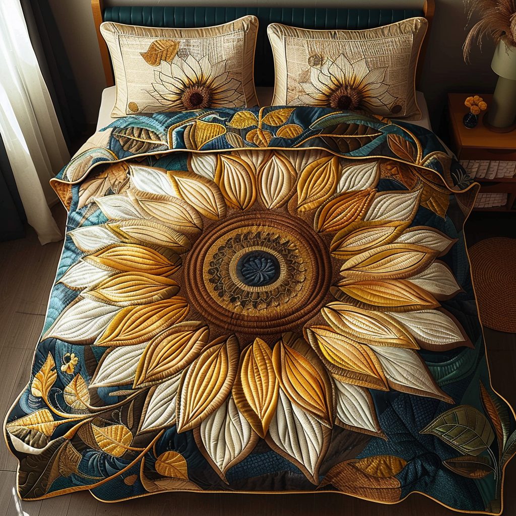 Midnight Garden quilted 3-piece bedding set on a made bed with two matching pillow shams