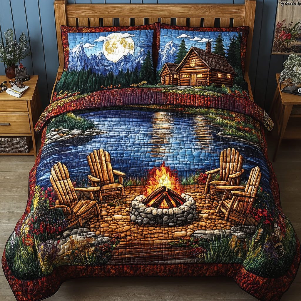 Midnight Harmony quilted 3-piece bedding set on a made bed with two matching pillow shams