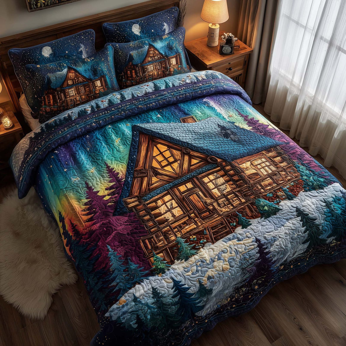 Midnight Harmony quilted 3-piece bedding set on a made bed with two matching pillow shams