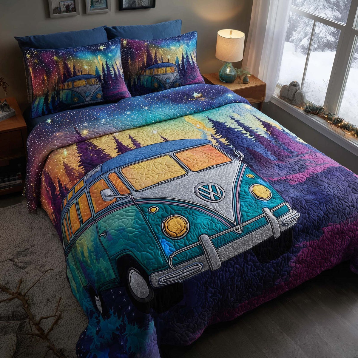 Midnight Harmony quilted 3-piece bedding set on a made bed with two matching pillow shams