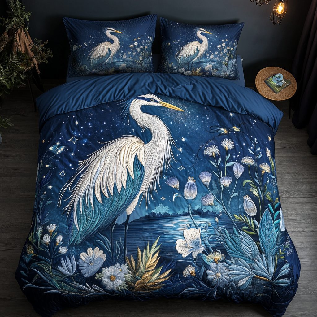 Midnight Heron quilted 3-piece bedding set on a made bed with two matching pillow shams