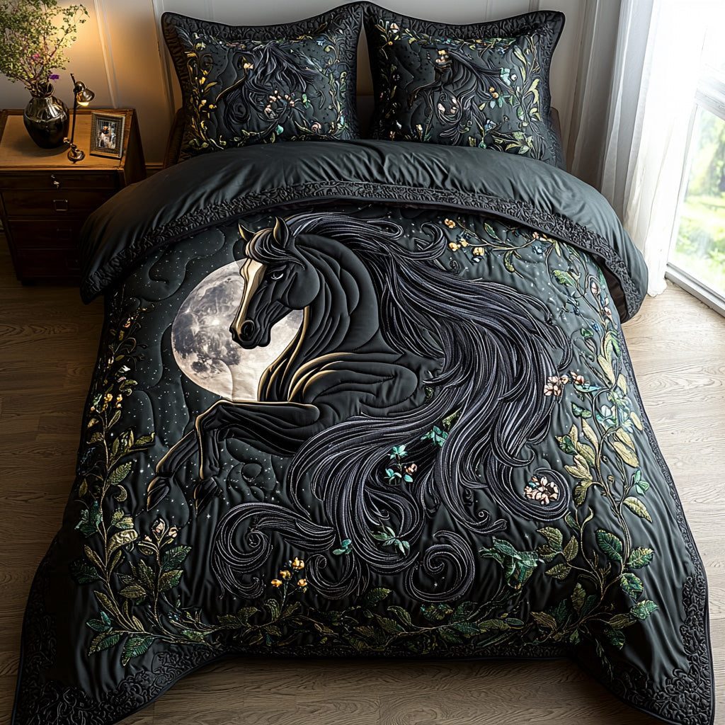 Midnight Horse quilted 3-piece bedding set on a made bed in a rustic timber bedroom