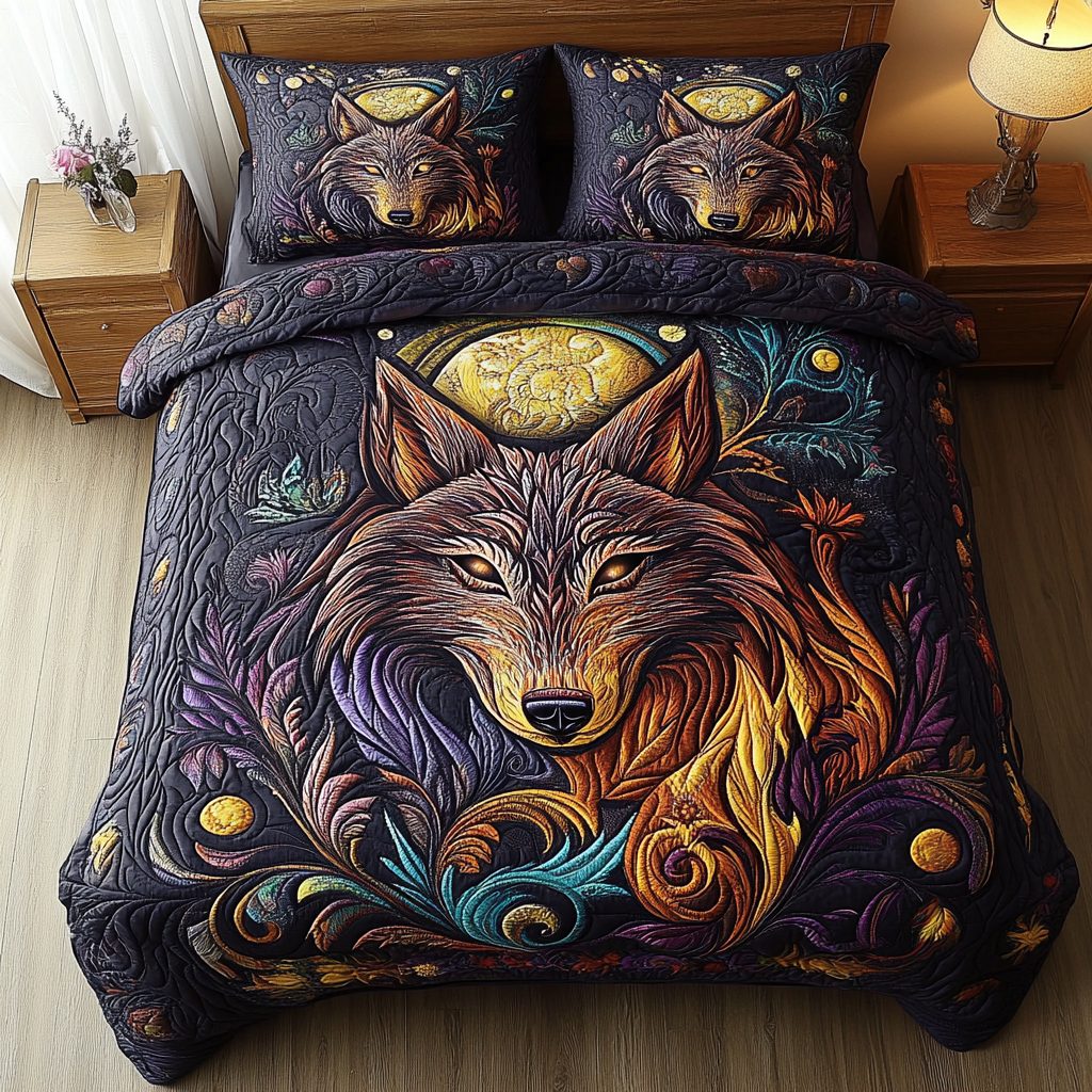 Midnight Howl quilted 3-piece bedding set on a made bed with two matching pillow shams