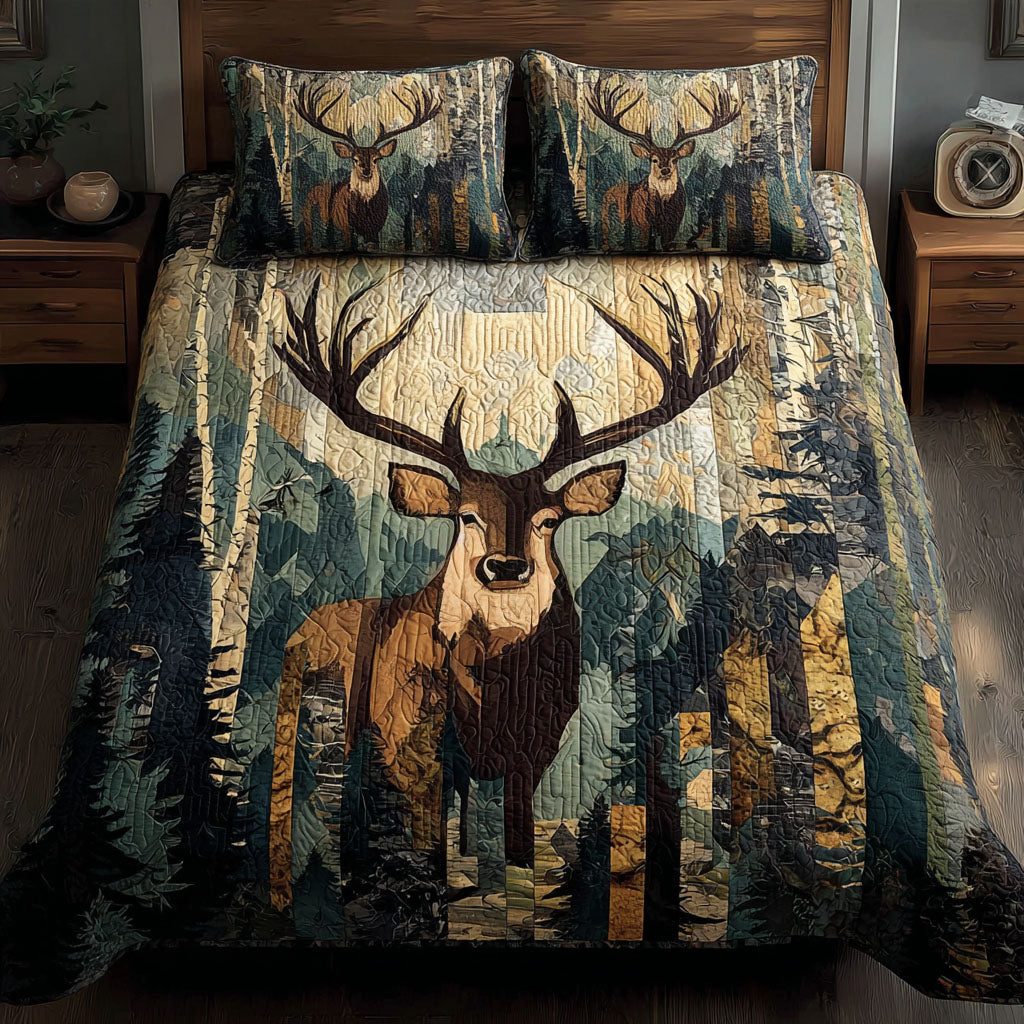 Midnight Hunter quilted 3-piece bedding set on a made bed with two matching pillow shams