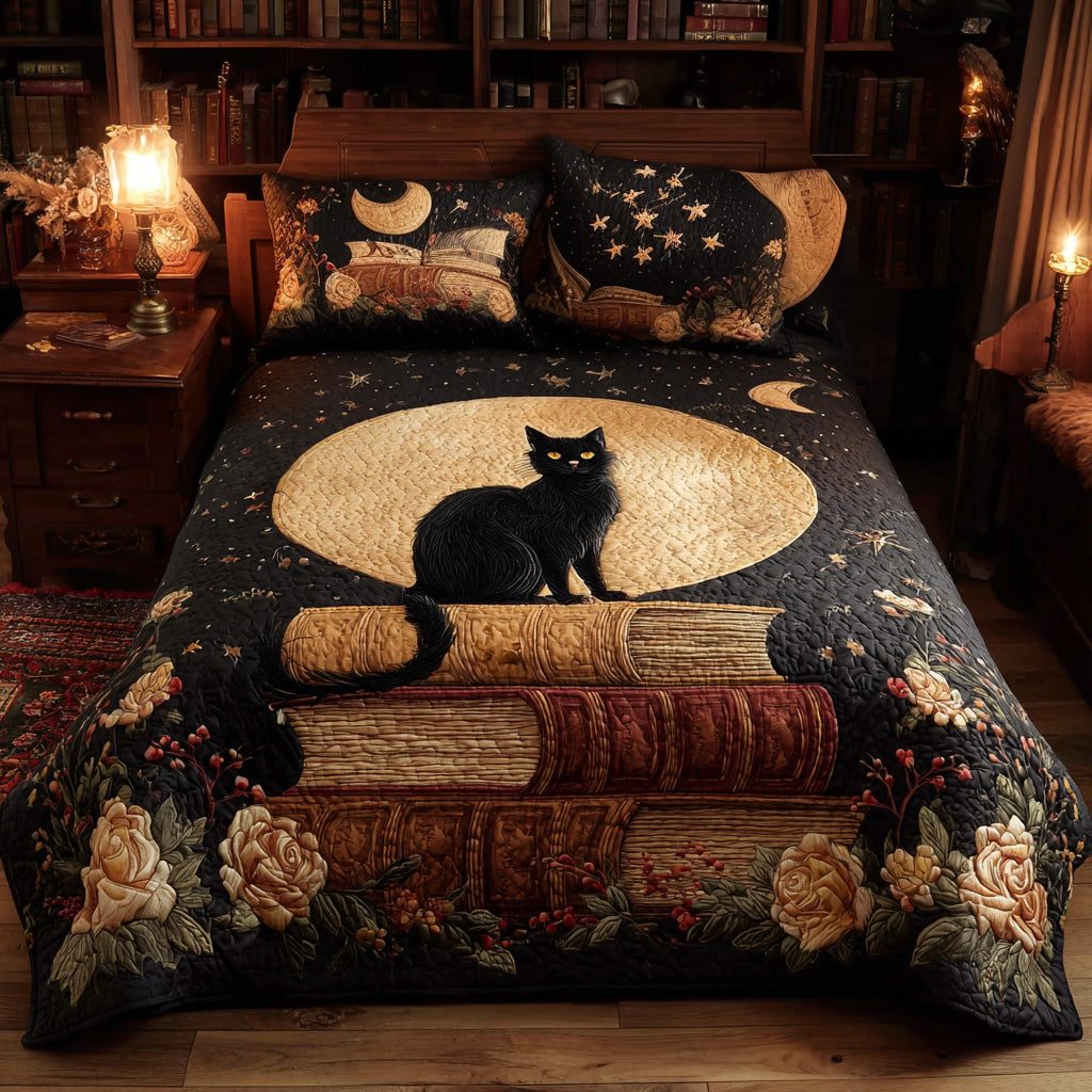 Midnight Librarian quilted 3-piece bedding set on a made bed with two matching pillow shams
