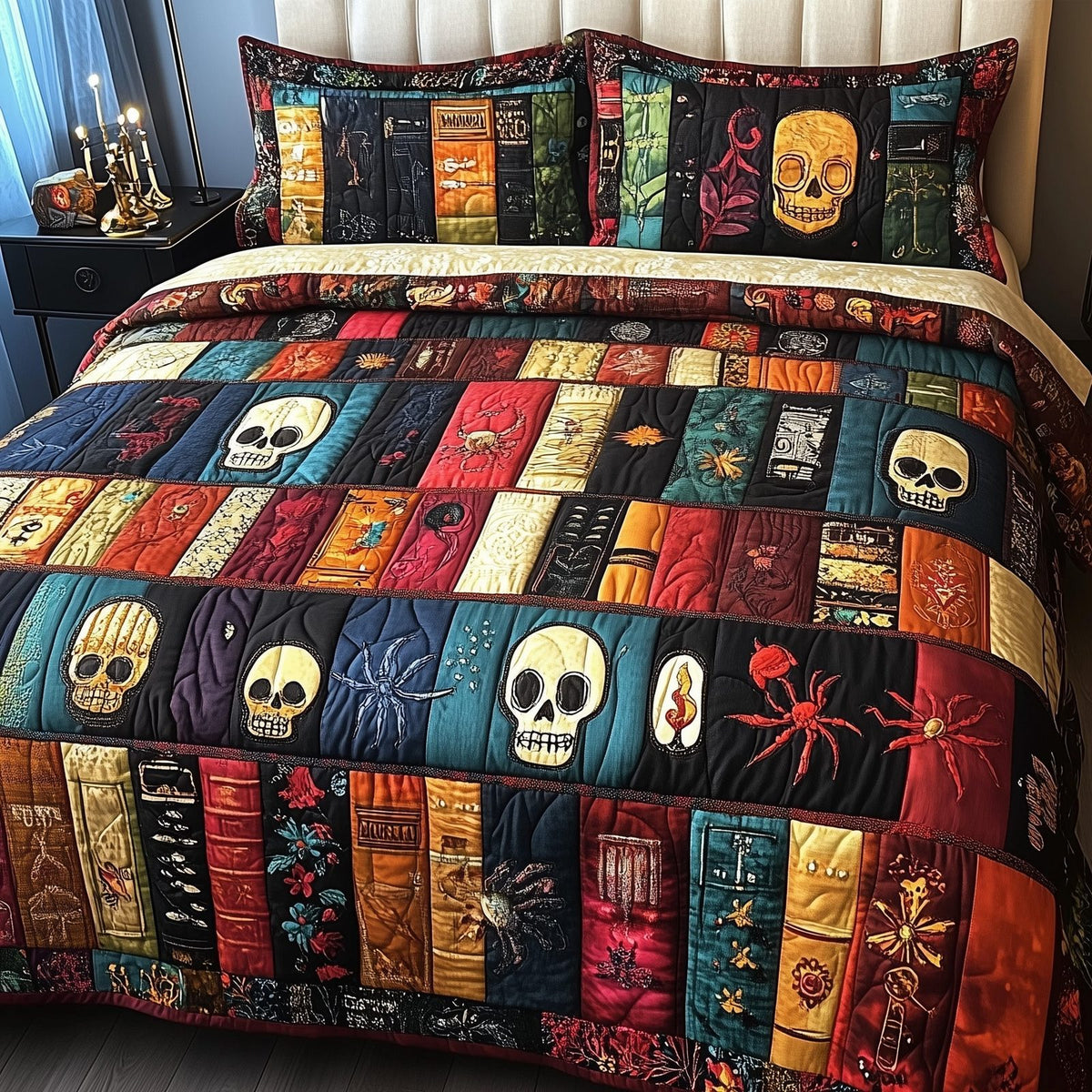 Midnight Library quilted 3-piece bedding set on a made bed with two matching pillow shams