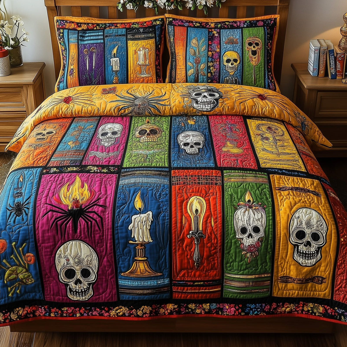 Midnight Library quilted 3-piece bedding set on a made bed with two matching pillow shams