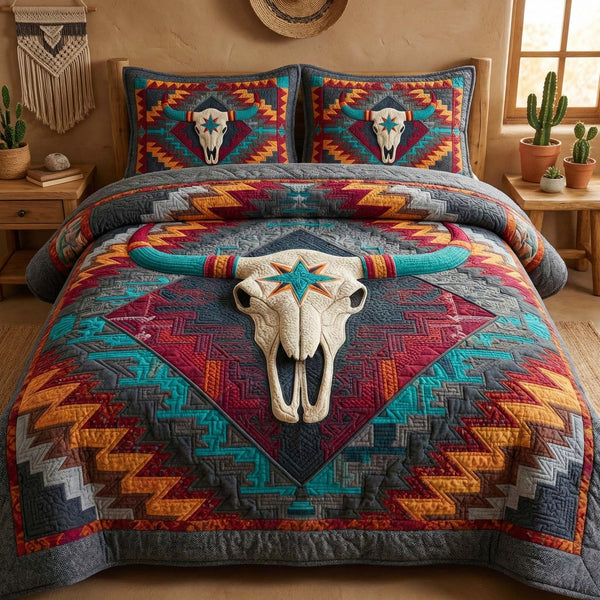 Midnight Longhorn quilted 3-piece bedding set on a made bed in a rustic timber bedroom