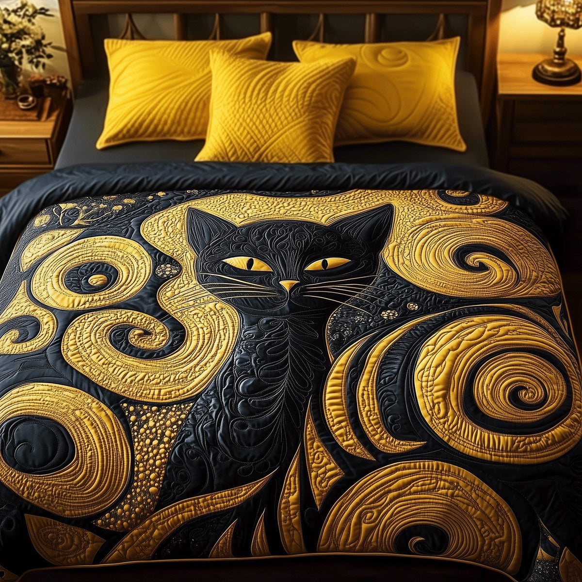 Midnight Majesty quilted 3-piece bedding set on a made bed with two matching pillow shams