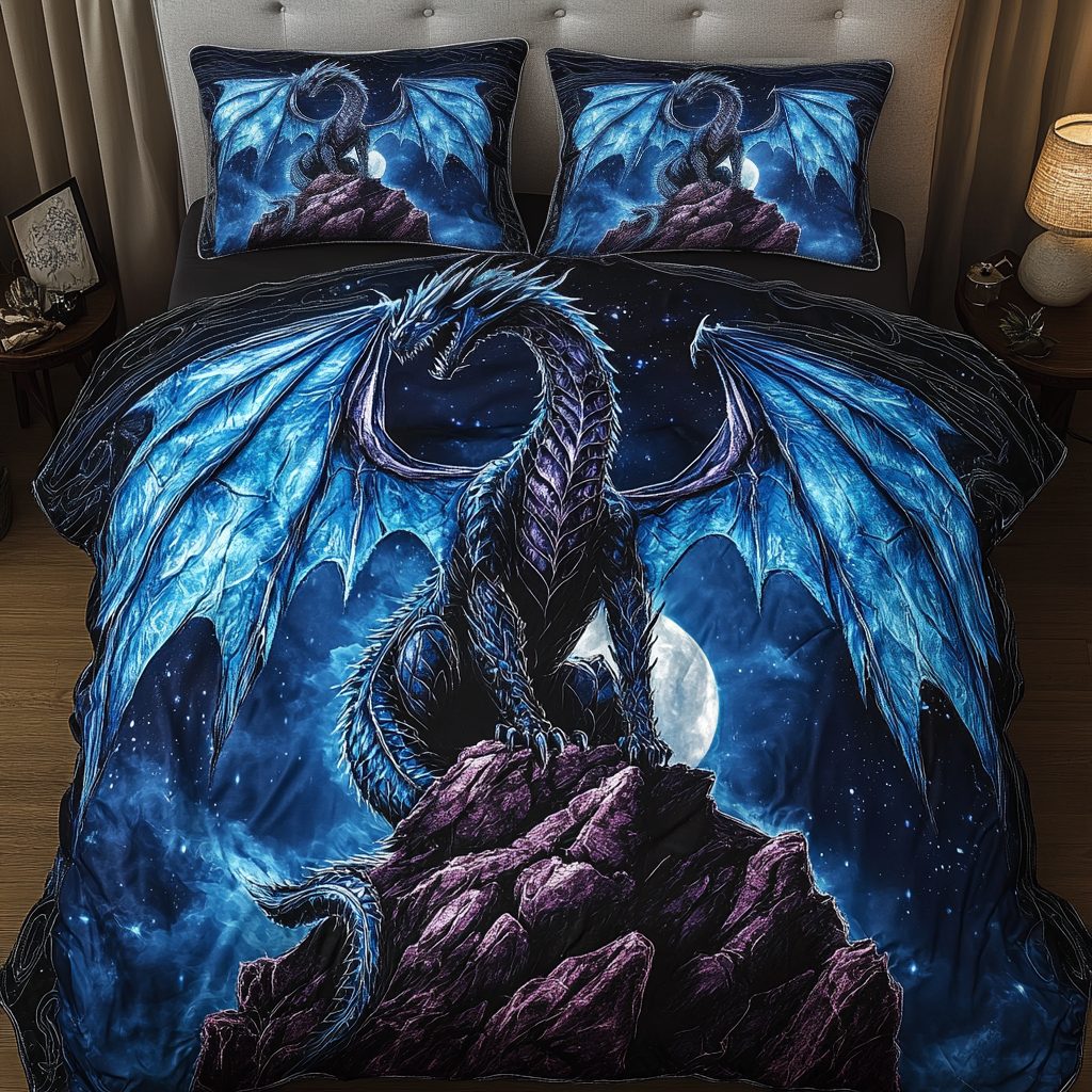 Midnight Majesty quilted 3-piece bedding set on a made bed with two matching pillow shams