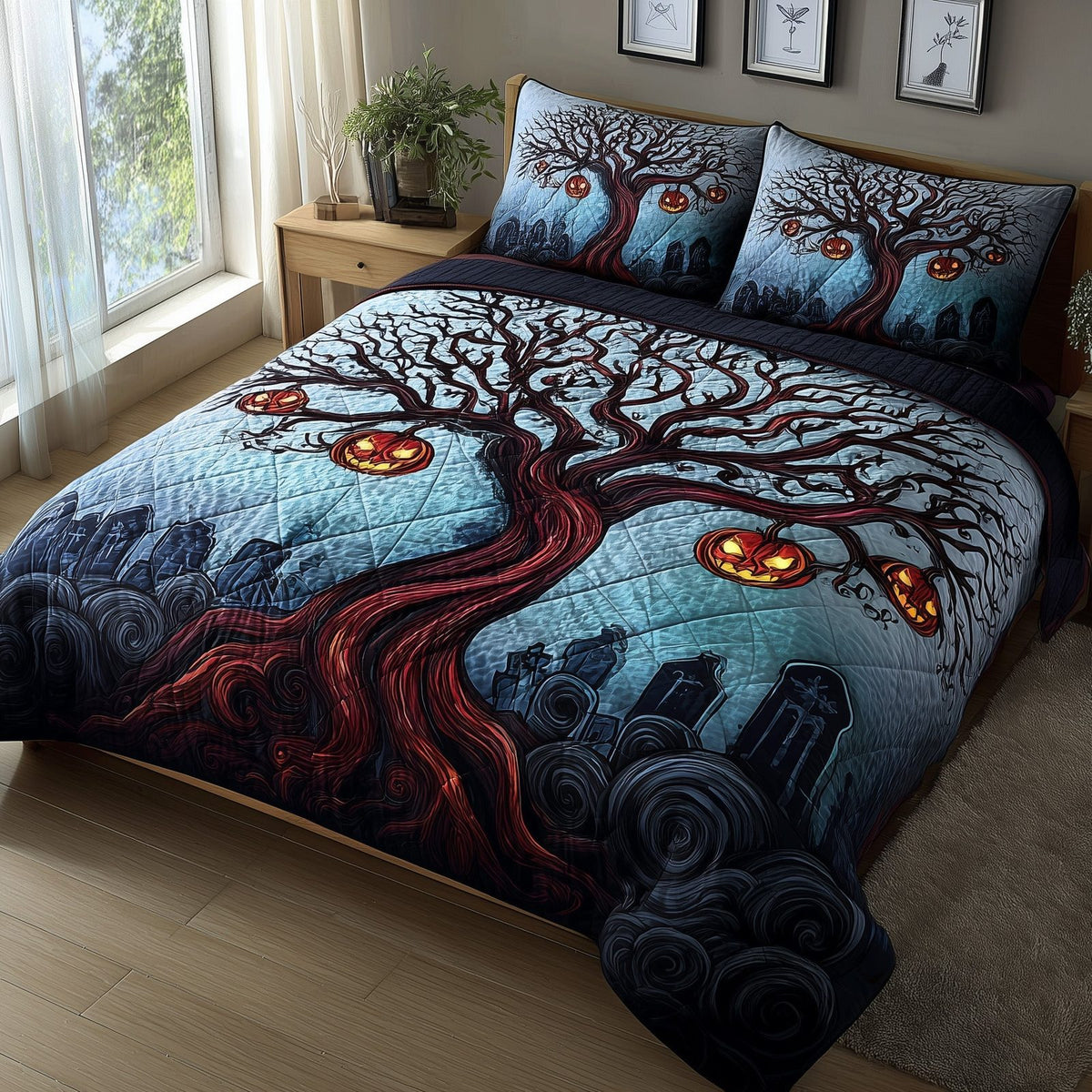Midnight Manor quilted 3-piece bedding set on a made bed with two matching pillow shams