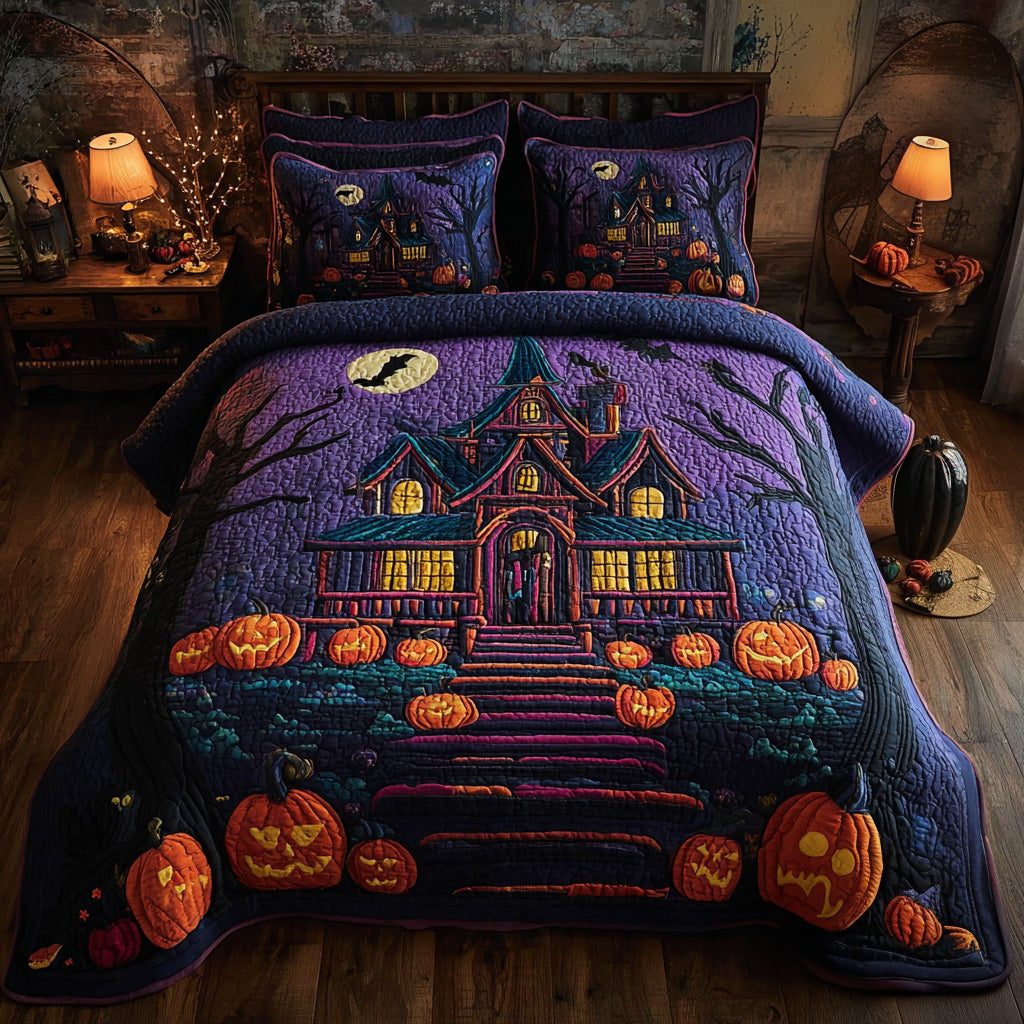 Midnight Manor quilted 3-piece bedding set on a made bed with two matching pillow shams
