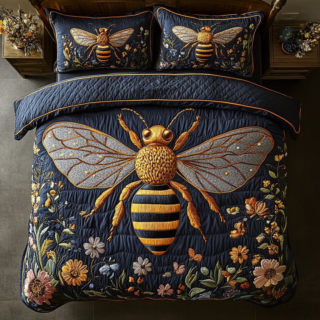 Midnight Meadow Bee quilted 3-piece bedding set on a made bed with two matching pillow shams