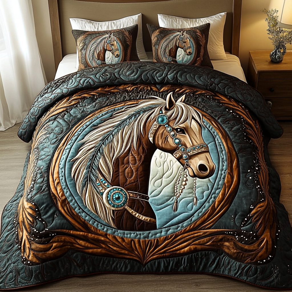Midnight Mesa quilted 3-piece bedding set on a made bed with two matching pillow shams
