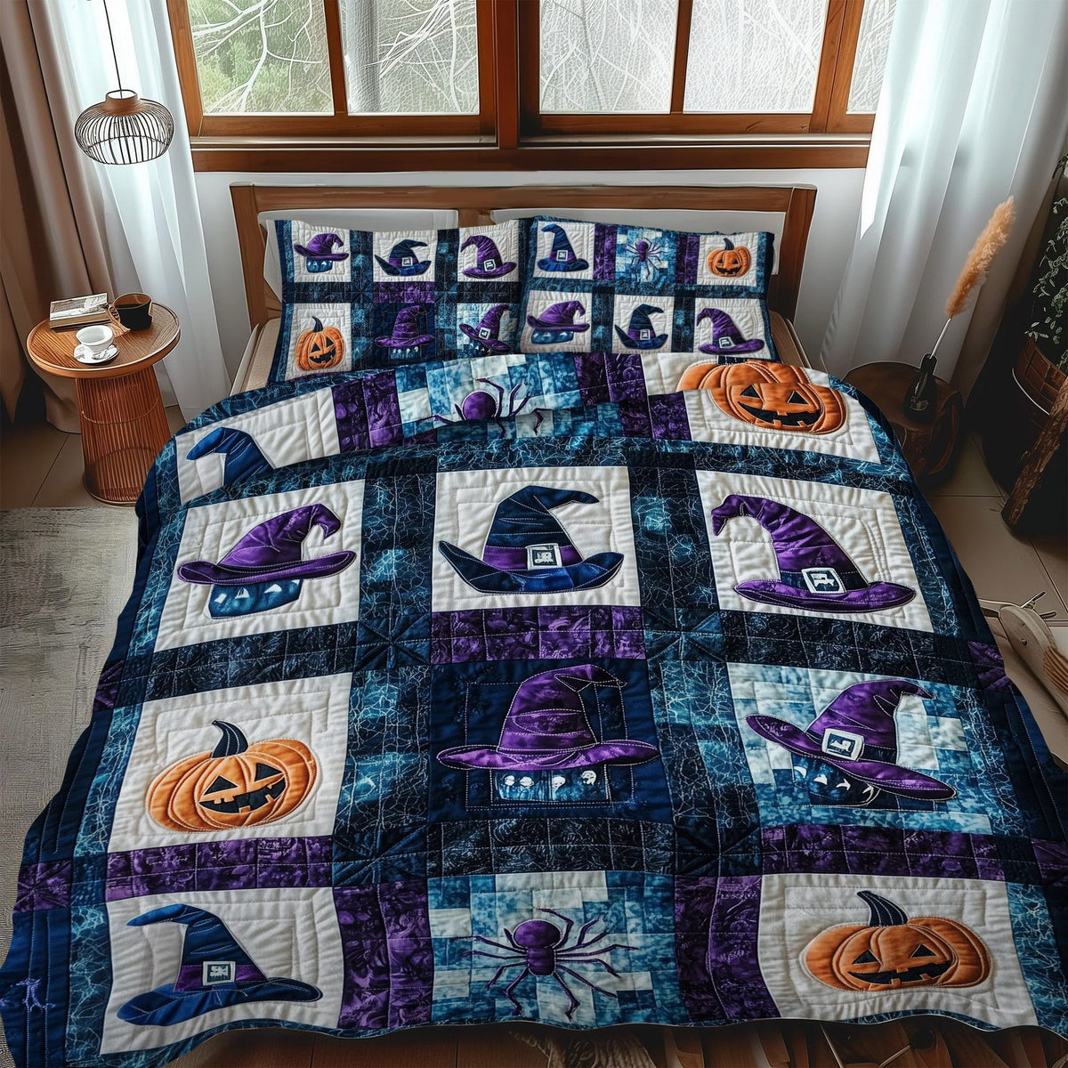 Midnight Mischief quilted 3-piece bedding set on a made bed with two matching pillow shams