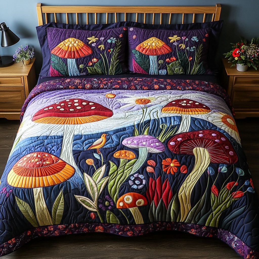 Midnight Mushroom quilted 3-piece bedding set on a made bed with two matching pillow shams