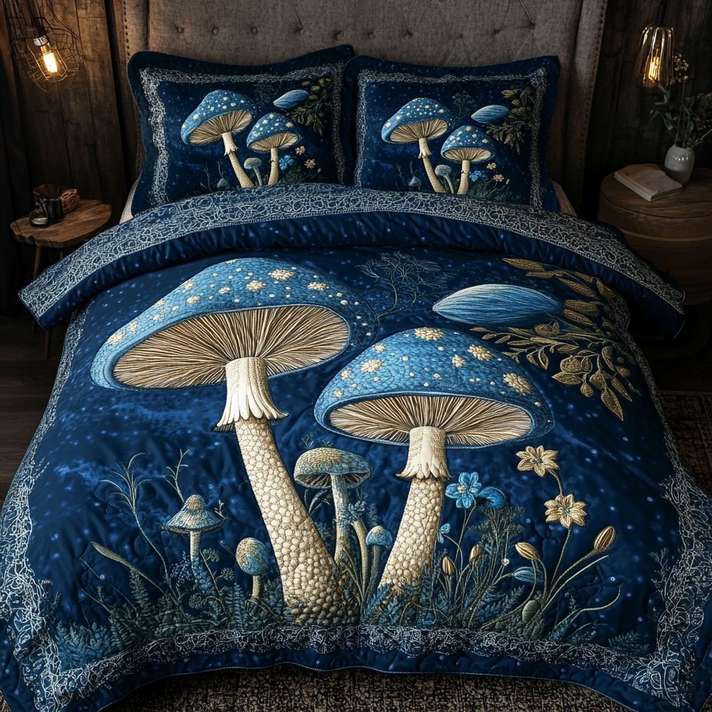 Midnight Mushrooms quilted 3-piece bedding set on a made bed with two matching pillow shams