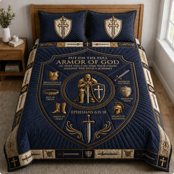 Midnight Navy Armor Of God quilted 3-piece bedding set on a made bed in a warmly lit bedroom