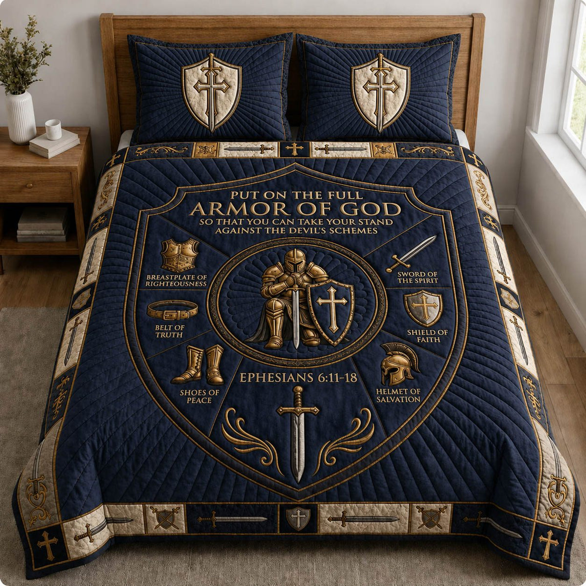 Midnight Navy Armor Of God quilted 3-piece bedding set on a made bed in a warmly lit bedroom