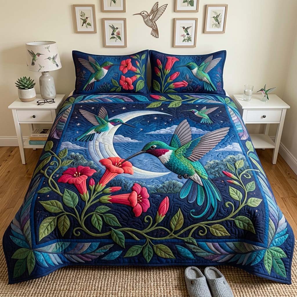 Midnight Nectar Hummingbird Garden quilted 3-piece bedding set on a made bed with two matching pillow shams