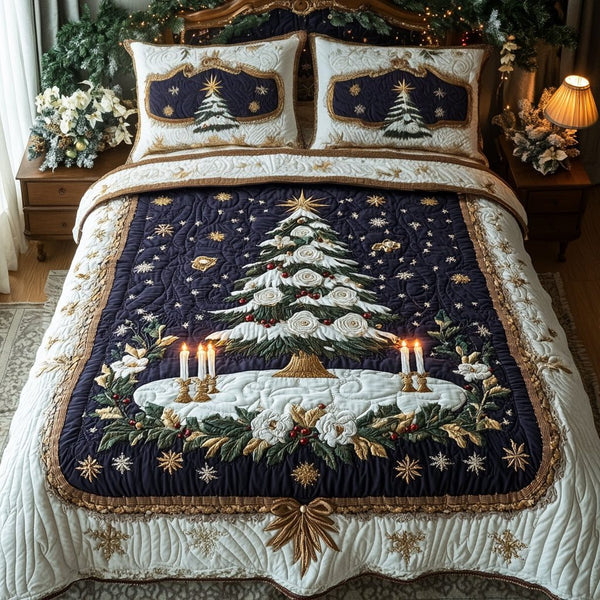 Midnight Noel quilted 3-piece bedding set on a made bed in a winter-styled bedroom