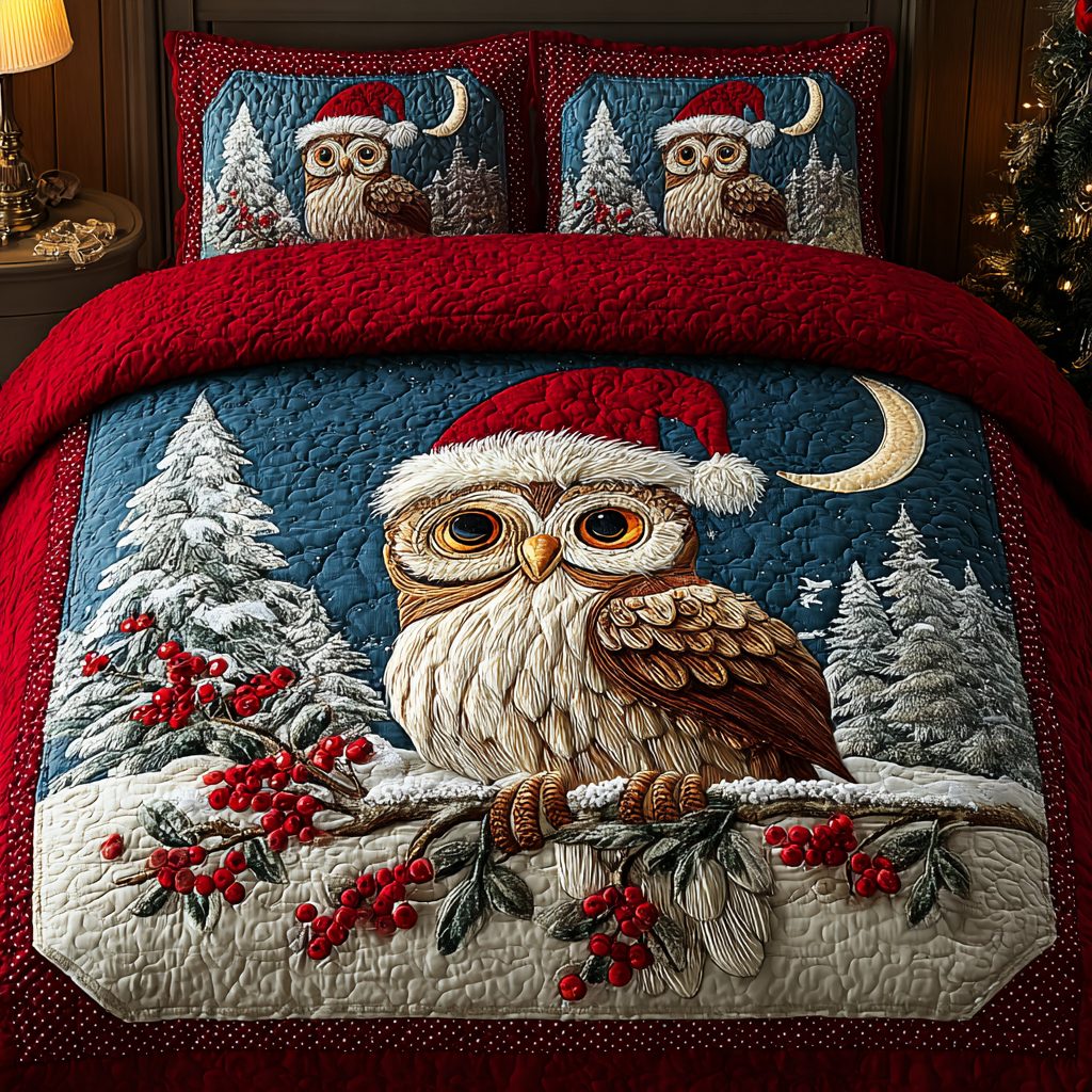 Midnight Owl quilted 3-piece bedding set on a made bed with two matching pillow shams