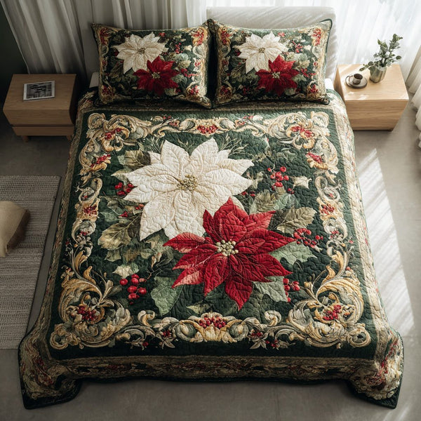 Midnight Poinsettia Dream quilted 3-piece bedding set on a made bed in a winter-styled bedroom