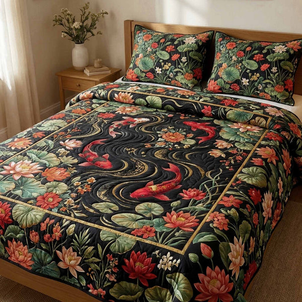 Midnight Pond quilted 3-piece bedding set on a made bed with two matching pillow shams
