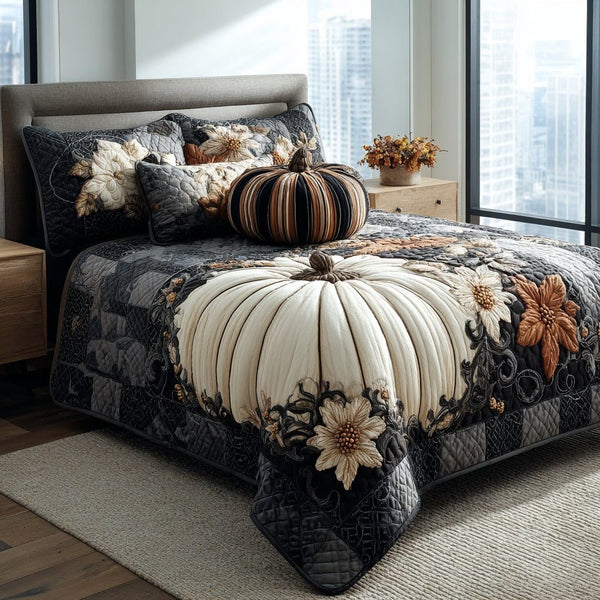Midnight Pumpkin Bloom quilted 3-piece bedding set on a made bed against a dark styled interior