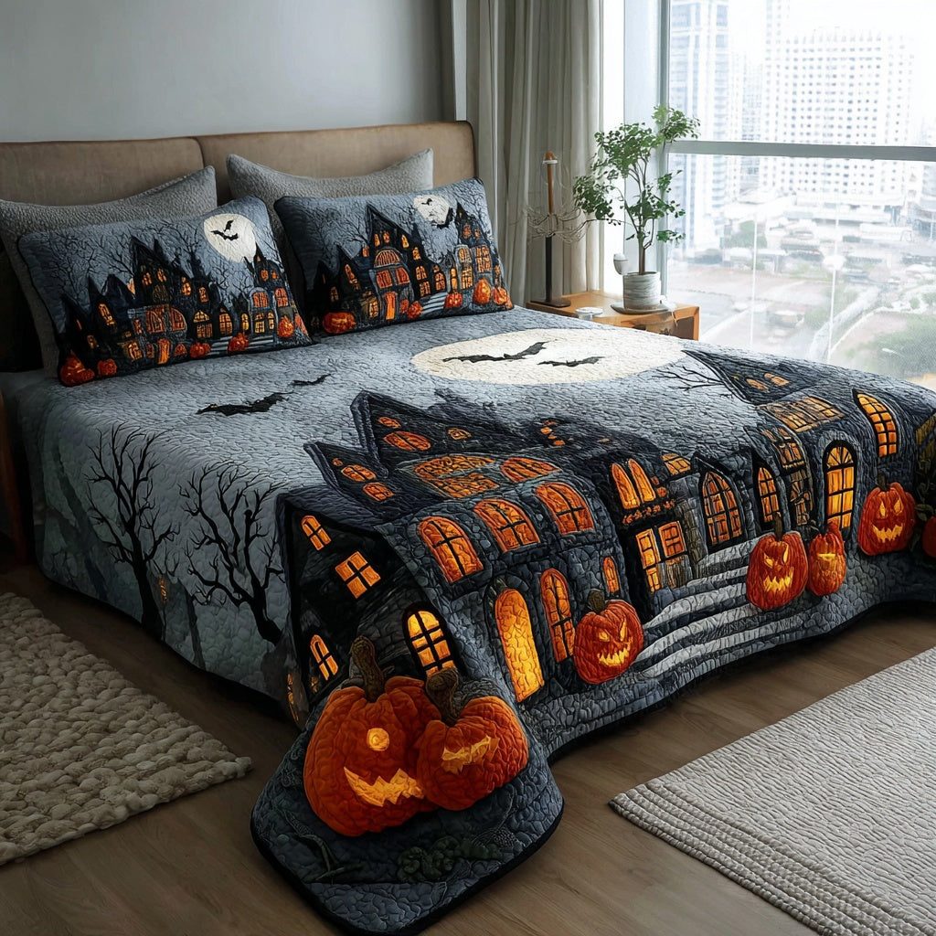 Midnight Pumpkin Manor quilted 3-piece bedding set on a made bed against a dark styled interior