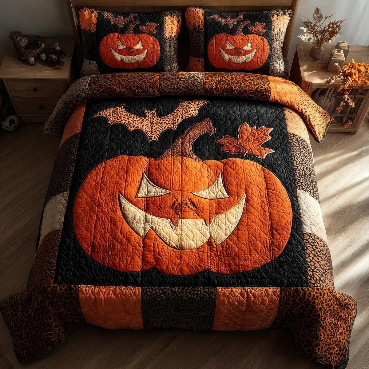 Midnight Pumpkin quilted 3-piece bedding set on a made bed against a dark styled interior