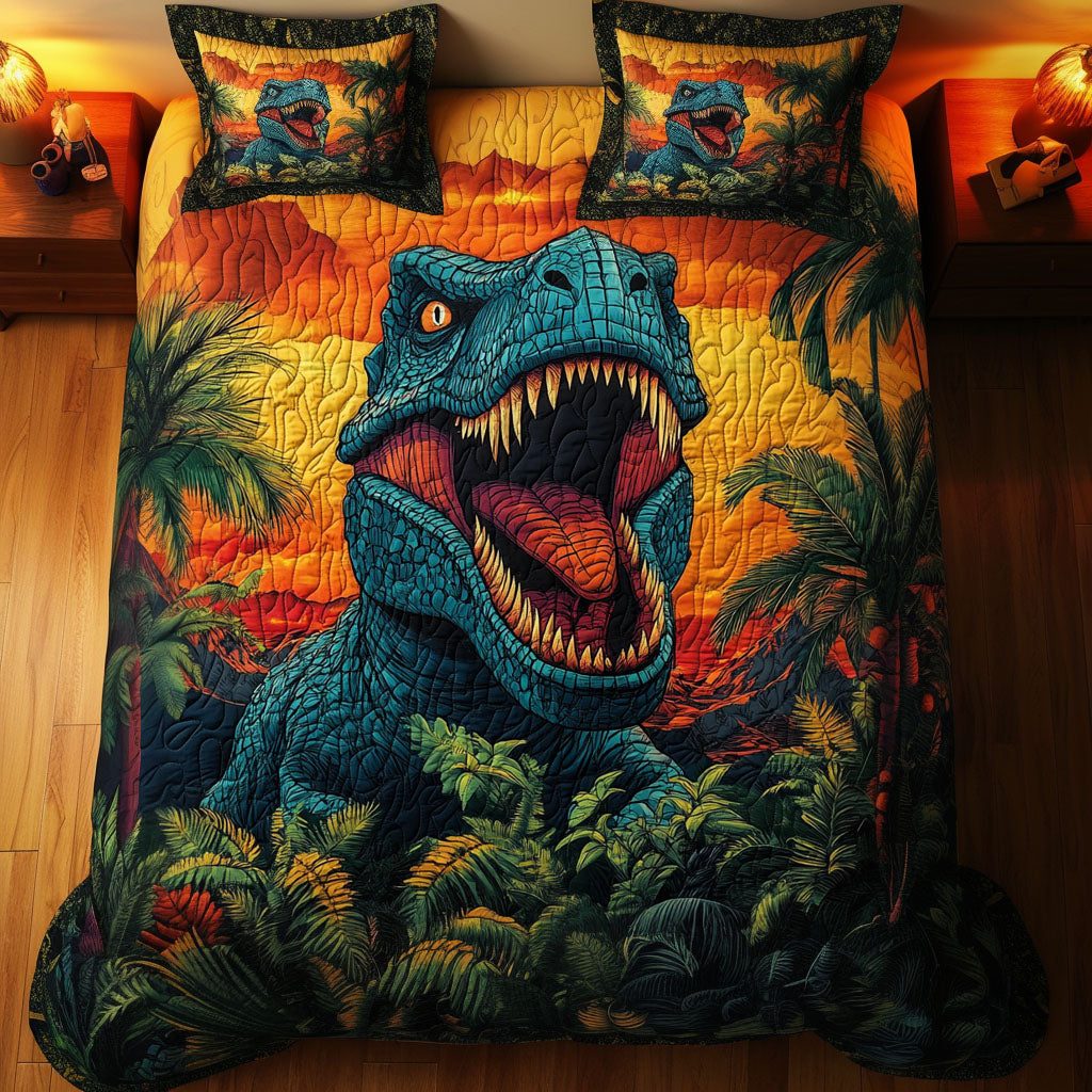 Midnight Raptor quilted 3-piece bedding set on a made bed with two matching pillow shams