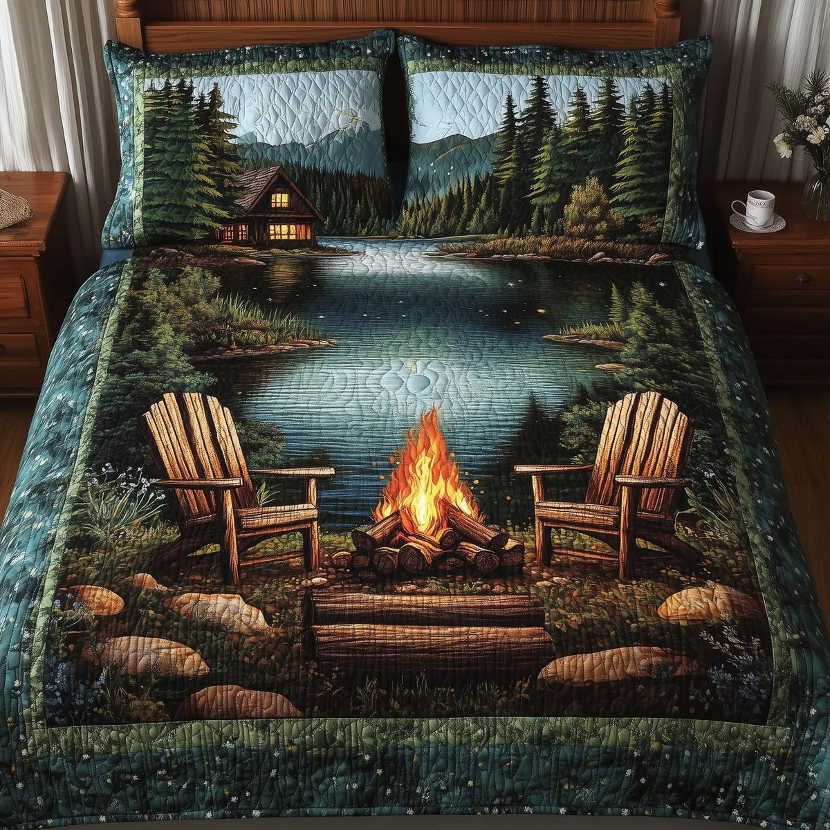 Midnight Retreat quilted 3-piece bedding set on a made bed with two matching pillow shams