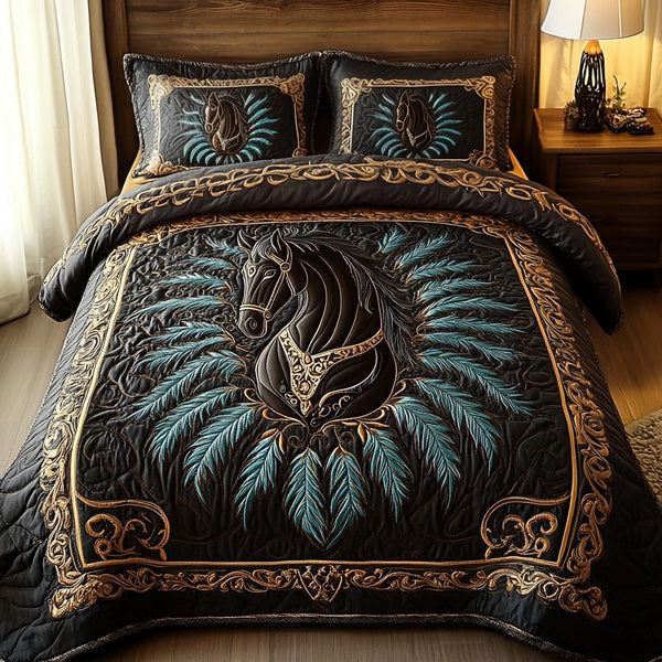 Midnight Rider quilted 3-piece bedding set on a made bed with two matching pillow shams