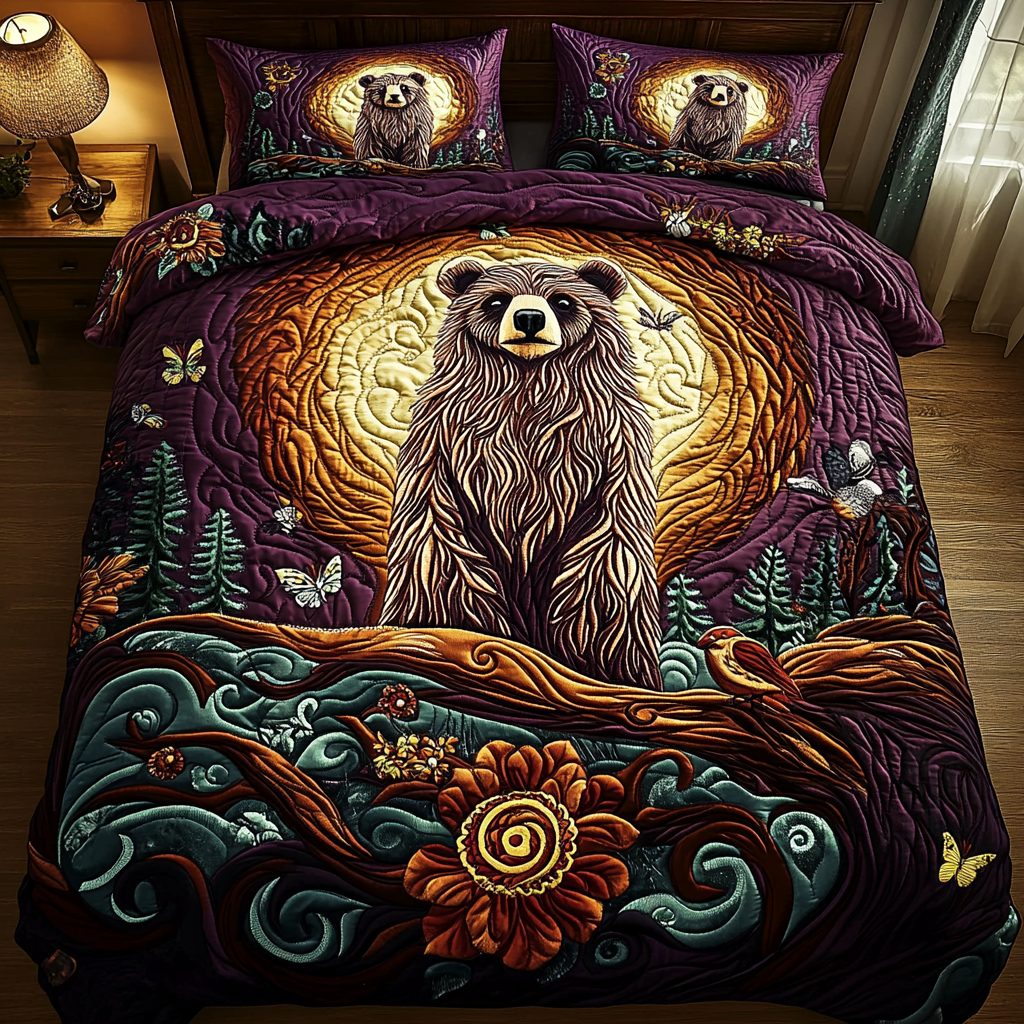 Midnight Roar quilted 3-piece bedding set on a made bed with two matching pillow shams