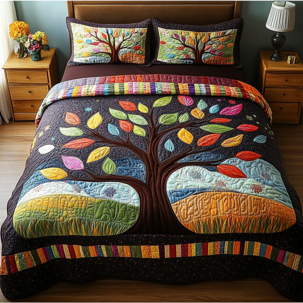 Midnight Roots quilted 3-piece bedding set on a made bed with two matching pillow shams
