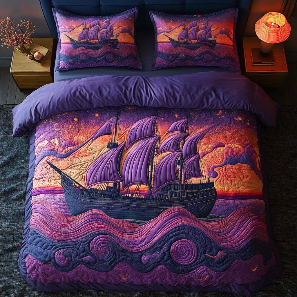 Midnight Sail quilted 3-piece bedding set on a made bed in a light coastal bedroom