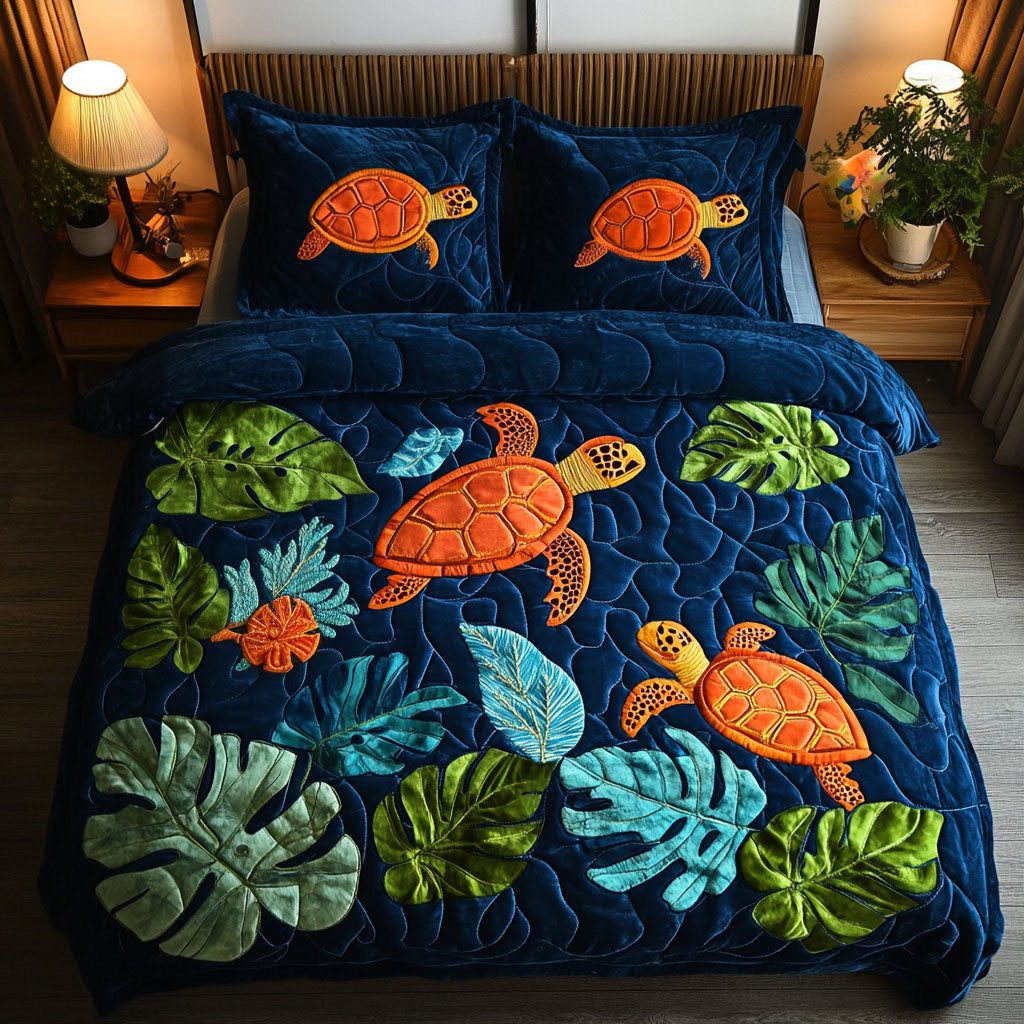 Midnight Sea Journey quilted 3-piece bedding set on a made bed in a light coastal bedroom