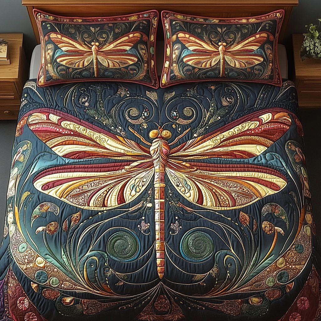 Midnight Serenity Dragonfly quilted 3-piece bedding set on a made bed with two matching pillow shams