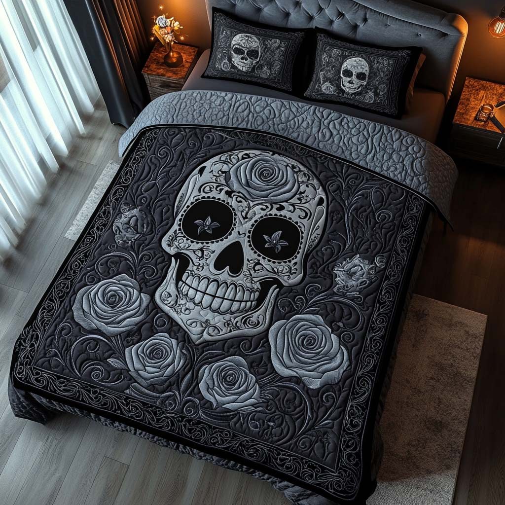 Midnight Skull Bloom quilted 3-piece bedding set on a made bed against a dark styled interior