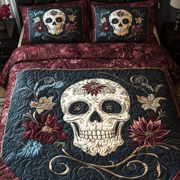 Midnight Skull Bloom quilted 3-piece bedding set on a made bed against a dark styled interior